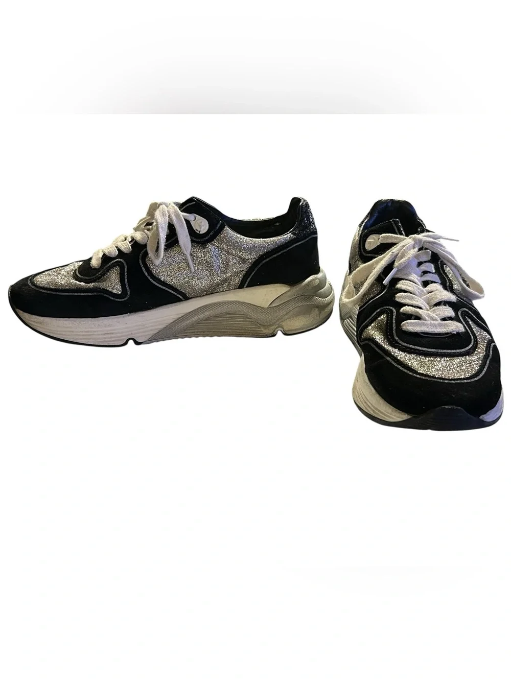 Golden Goose Running Sneakers BLK/SIL Glitter Lived-In/Distressed Luxe Sz 38 / 8